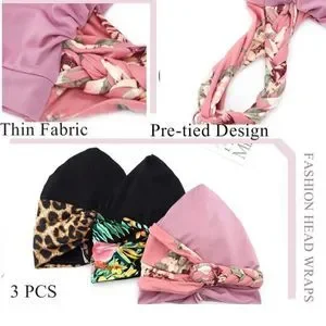 3 PCs Head Wrap Black Floral Head Turbans Pre-Tied Leopard Print Head …​​ Accessories | 3 Pcs Head Wrap Black Floral Head Turbans  main image 2